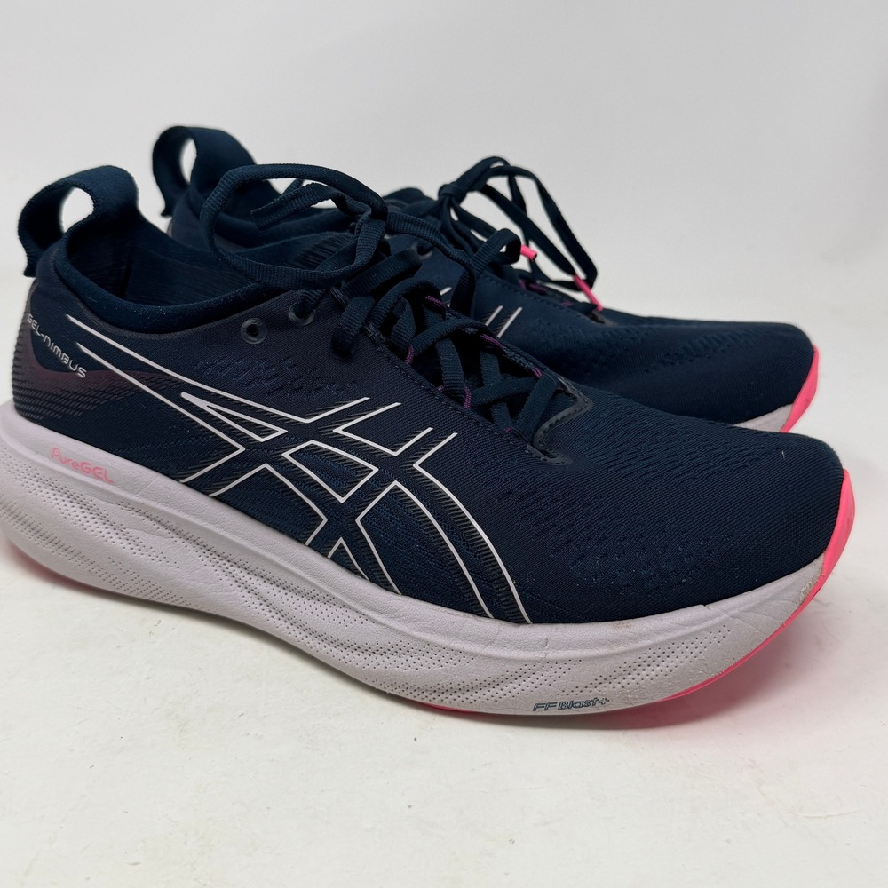 ASICS Running Shoes Womens 9.5 Gel-Nimbus 25 Navy Blue Pink EUC